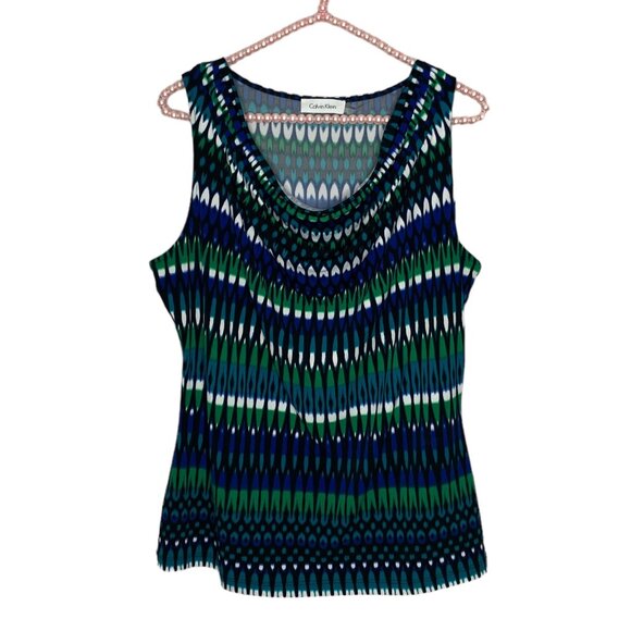 Calvin Klein Large L Blue Green Ikat Stretch Jersey Knit Sleeveless Shell Top - Picture 1 of 4